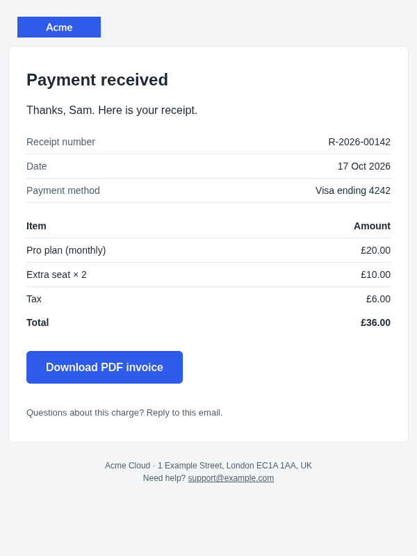 Receipt email, desktop, light mode