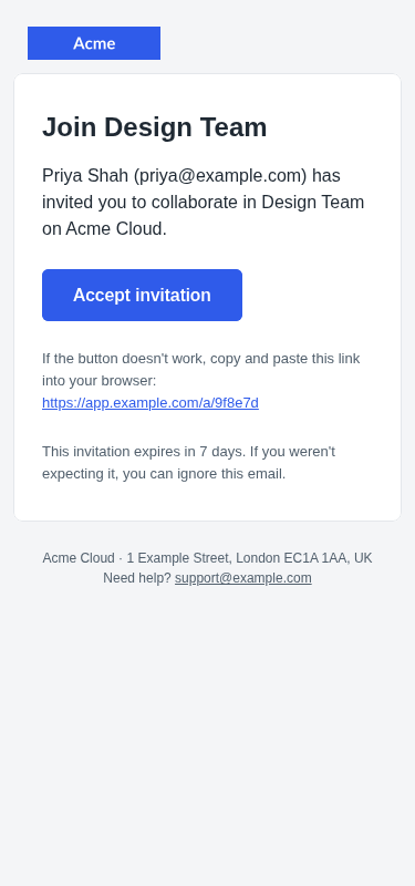 Team invite, mobile, light mode